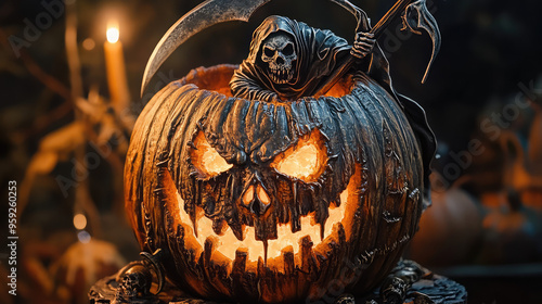 Detailed jack-o-lantern with a grim reaper holding a scythe. photo