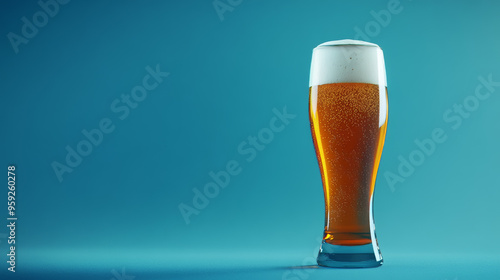 A tall glass of cold beer with foam on top, against a vibrant blue background, emphasizing refreshment during Oktoberfest celebrations.

