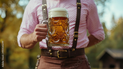 A man dressed in traditional Bavarian lederhosen holds a large stein of beer, symbolizing Oktoberfest traditions and celebrations.

 photo