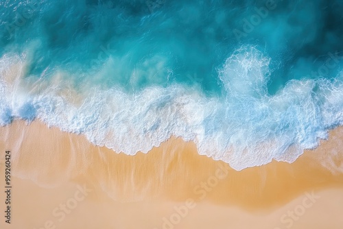 Summer seascape beautiful closeup. Blue sea water in sunny day. Top view from drone. Sea aerial surf, amazing tropical nature background. Mediterranean bright sea bay waves splashing beach sandy , ai