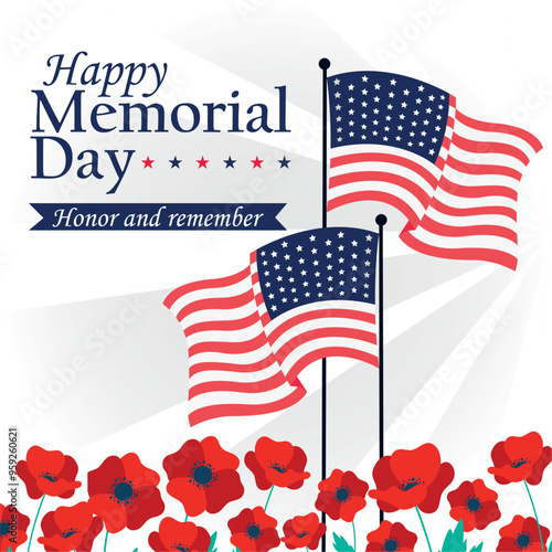 Memorial Day poppies and American flags with stars Vector