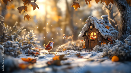 A whimsical clock tower in a snowy winter landscape at sunset, with golden lights illuminating the scene, capturing a magical Christmas atmosphere. photo