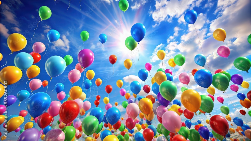 Colorful balloons floating in the sky at a celebration, festive, party, helium, decorations, joyful, cheerful, vibrant Colorful balloons floating in the sky at a celebration, festive, party, helium, decorations, joyful, cheerful, vibrant