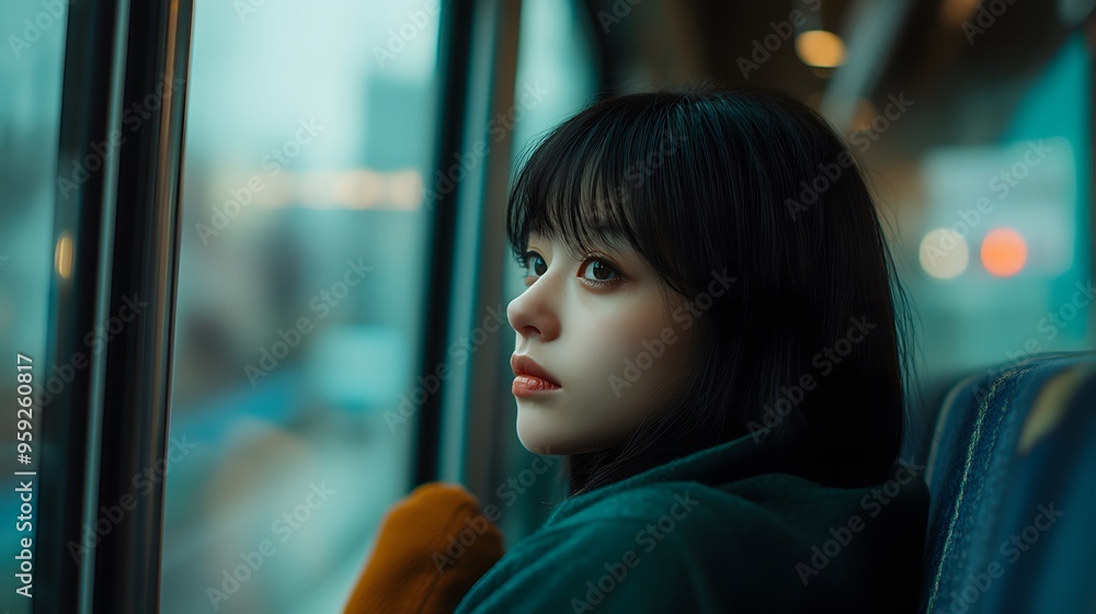 電車から窓の外を見つめる日本人女性 電車から窓の外を見つめる日本人女性