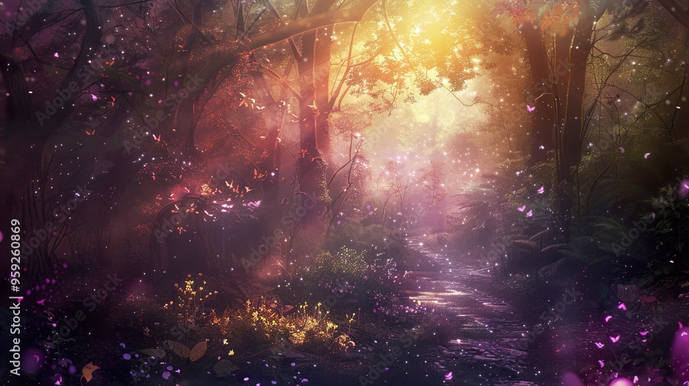 Magical forest path with sunlight streaming through the trees, glowing with purple and pink light. Magical forest path with sunlight streaming through the trees, glowing with purple and pink light.