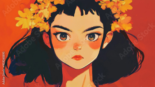 Young girl with orange flowers on her head. photo