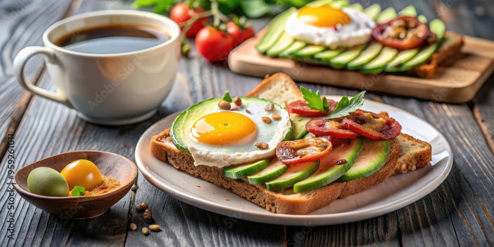 A delicious breakfast spread of toast, eggs, bacon, avocado, and coffee, breakfast, brunch, morning, meal, food, cooking, eggs A delicious breakfast spread of toast, eggs, bacon, avocado, and coffee, breakfast, brunch, morning, meal, food, cooking, eggs