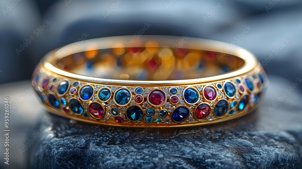 Gold Bracelet with Blue and Red Gems - Realistic Photo Gold Bracelet with Blue and Red Gems - Realistic Photo