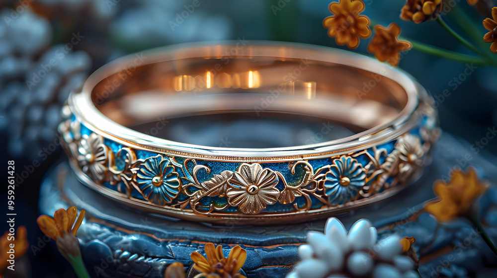 Gold Ring with Blue Enamel and Floral Design Illustration Gold Ring with Blue Enamel and Floral Design Illustration