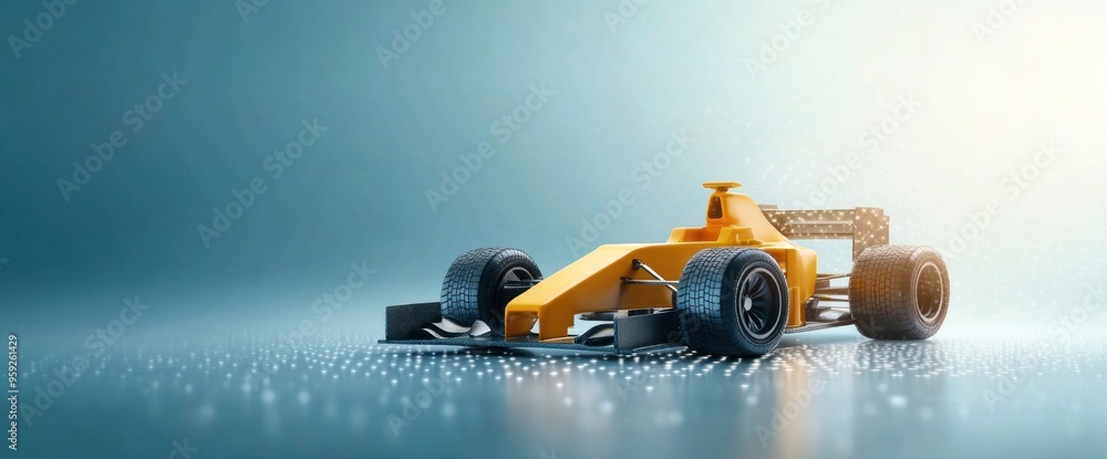 A yellow race car is parked on a wet road A yellow race car is parked on a wet road