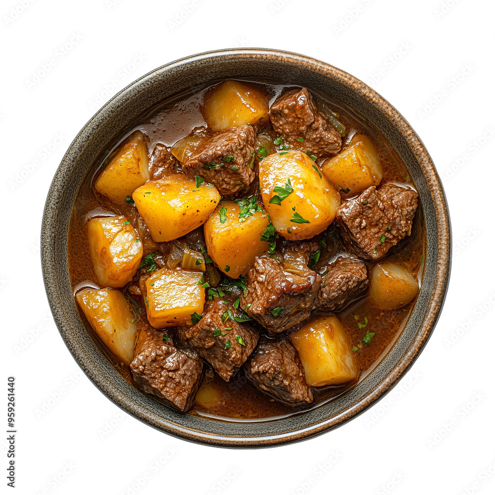 A bowl with beef stew with potatoes isolated on a transparent background. PNG file. A bowl with beef stew with potatoes isolated on a transparent background. PNG file.