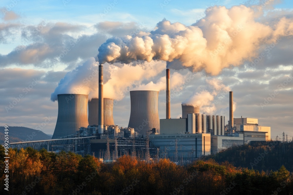 Coal power plant releasing smoke into atmosphere at sunset Coal power plant releasing smoke into atmosphere at sunset