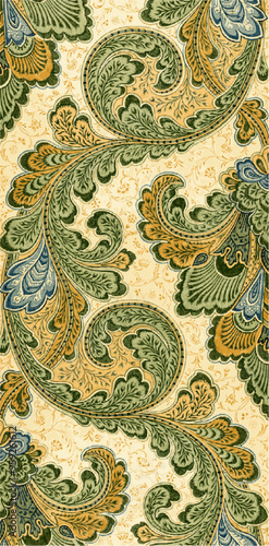 Intricate paisley pattern in shades of green and gold on a cream background, evoking a vintage textile or wallpaper aesthetic.