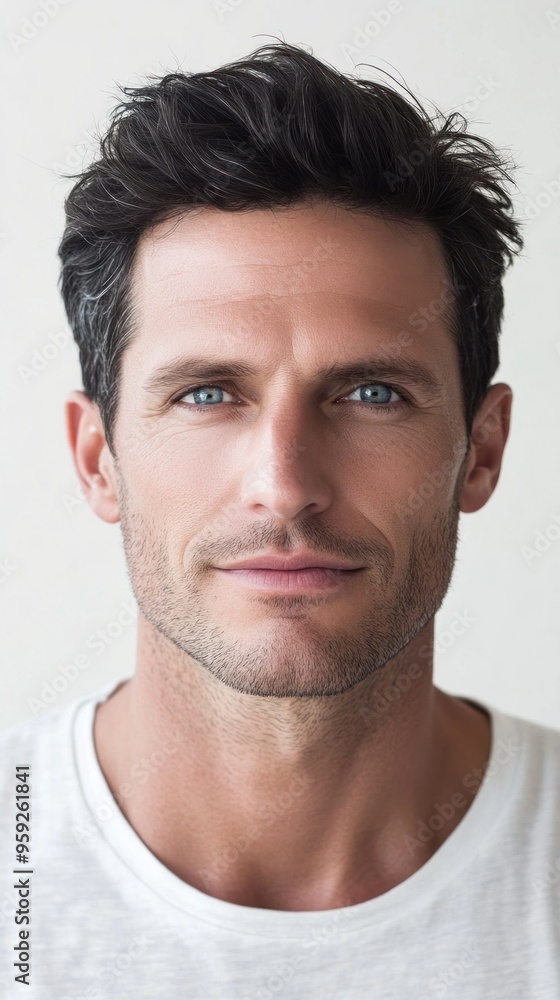 Fototapeta premium Handsome male model with short dark hair and blue eyes posing in front of white background