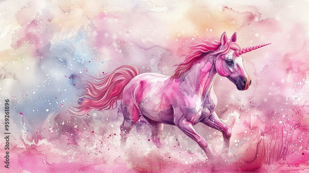 Obraz premium Watercolor Painting of a Pink Unicorn Galloping Through a Pink and White Sky