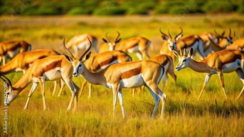 Springbok antelopes grazing in the savannah of South Africa , Wildlife, Nature, Savannah, South Africa, Springbok