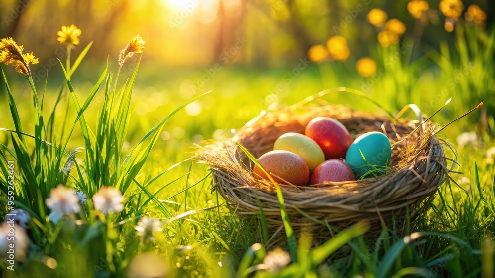 Nest with Easter eggs in lush grass on a sunny spring day, perfect for Easter decoration and background , Easter, eggs, grass Nest with Easter eggs in lush grass on a sunny spring day, perfect for Easter decoration and background , Easter, eggs, grass