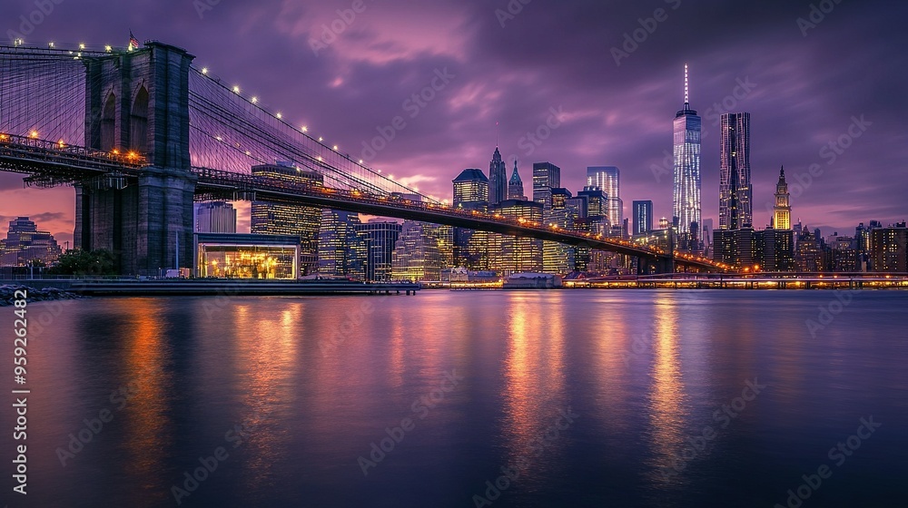 Fototapeta premium Brooklyn Bridge and Manhattan Skyline at Dusk