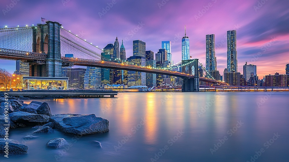 Fototapeta premium Brooklyn Bridge with City Skyline at Dusk