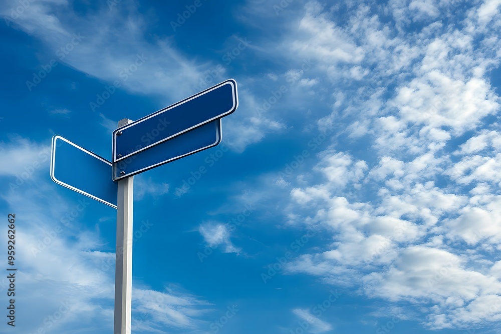 Blank Blue Directional Signs Against a Cloudy Sky Blank Blue Directional Signs Against a Cloudy Sky