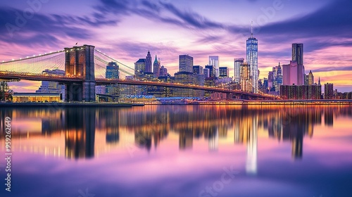 Brooklyn Bridge and Manhattan Skyline at Sunset with Reflections in the East River