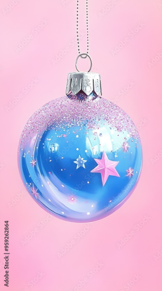 Vibrant blue christmas ornament with pink glitter stars on pastel background Vibrant blue christmas ornament with pink glitter stars on pastel background