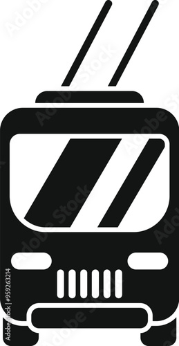 Simple icon of an electric trolleybus driving in the city with trolley poles connected to power lines