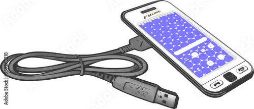 Mobile phone with charging cable. 
A touchscreen mobile phone with the display turned on and a twisted cord.