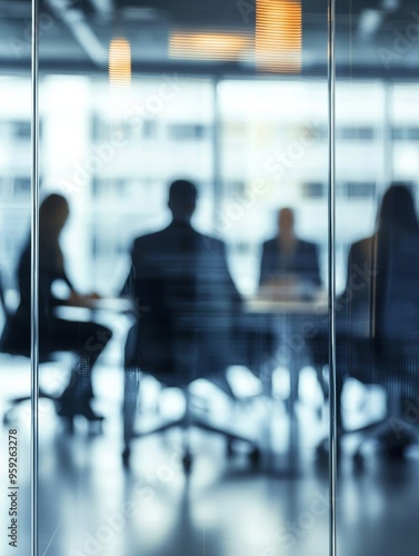 Business meeting behind glass wall partition, with focus on transparent divider surface – corporate teamwork, office privacy, modern workspace design