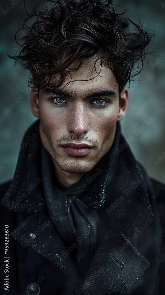 A young man with dark hair and piercing blue eyes stares intensely at the camera. A young man with dark hair and piercing blue eyes stares intensely at the camera.