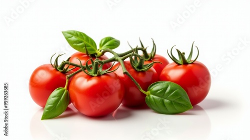 A bunch of red tomatoes with green leaves