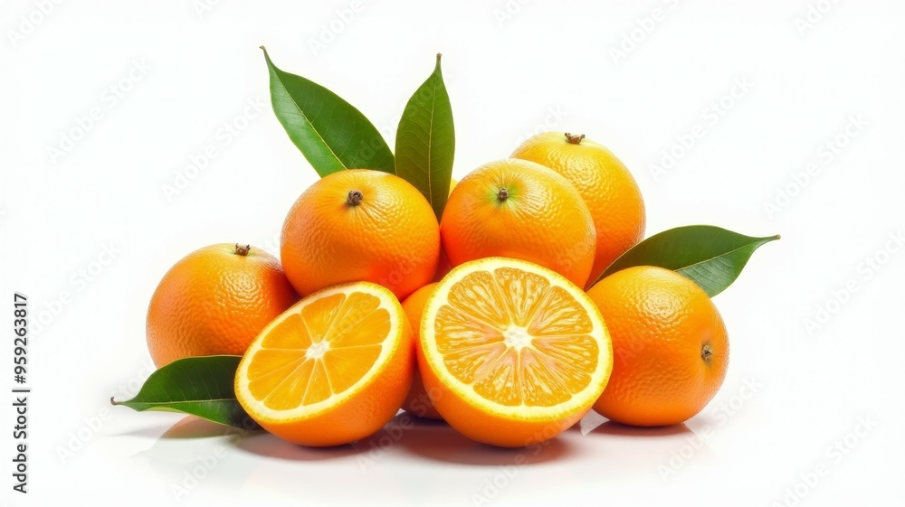 A pile of oranges with one cut open A pile of oranges with one cut open