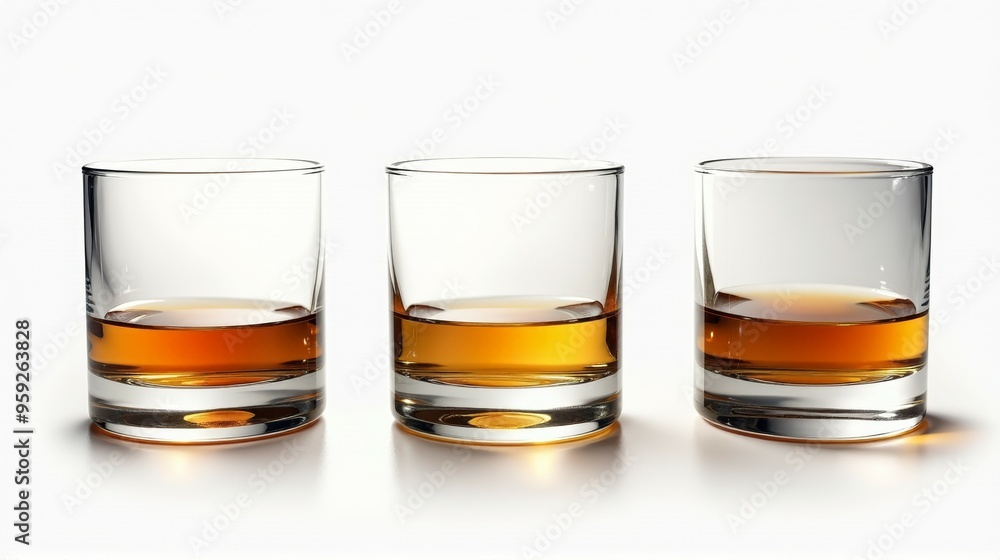 Three glasses of liquor are lined up on a table Three glasses of liquor are lined up on a table