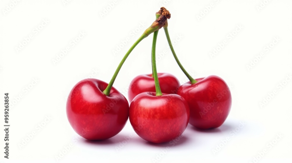 Four red cherries are shown in a row Four red cherries are shown in a row