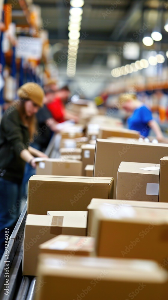 Fototapeta premium Efficient factory packaging and distribution area with workers meticulously boxing and labeling finished products.Manufacturing process,e-commerce logistics,supply chain digitization,industrial design