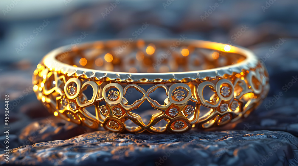 Golden Ring with Diamonds on Blue Background - 3D Illustration Golden Ring with Diamonds on Blue Background - 3D Illustration