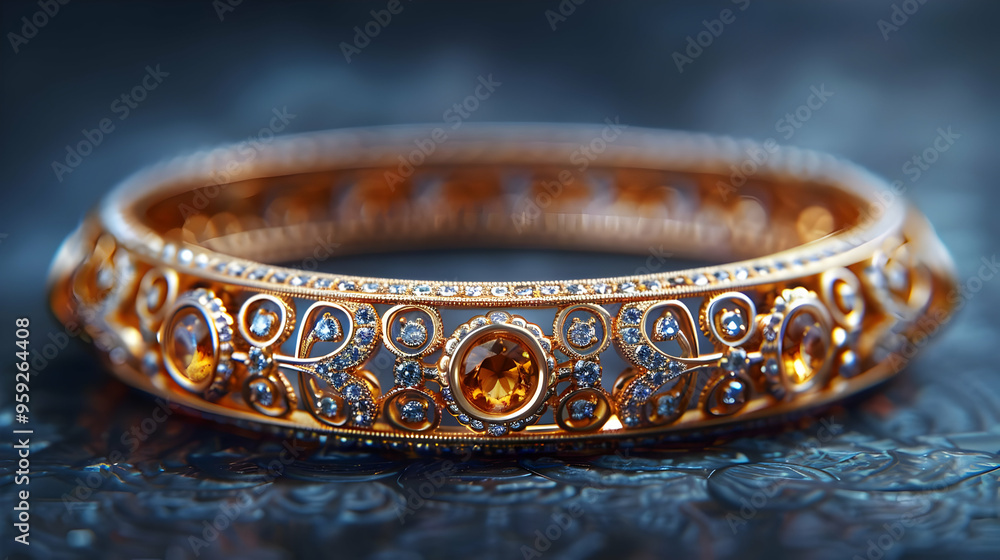 Gold Bangle with Gemstones and Diamonds - Realistic Image Gold Bangle with Gemstones and Diamonds - Realistic Image
