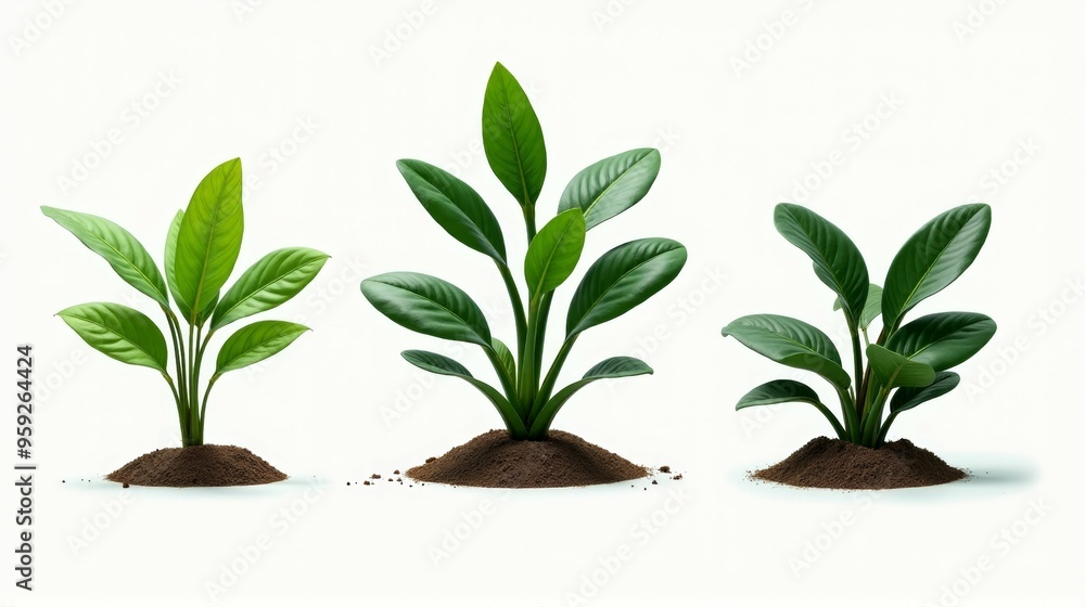 Three plants are growing in a row, with the tallest one in the middle Three plants are growing in a row, with the tallest one in the middle