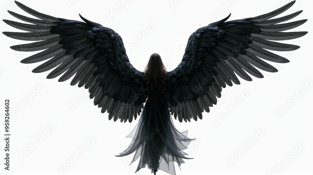 Obraz premium A woman with long black hair is depicted as a winged creature