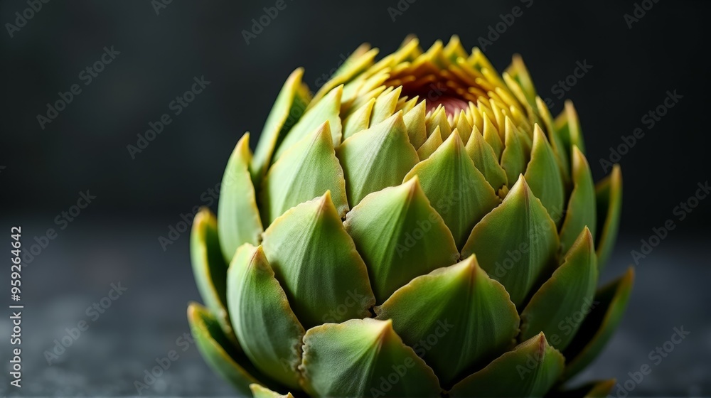 A green vegetable with a yellow tip sits on a dark surface A green vegetable with a yellow tip sits on a dark surface