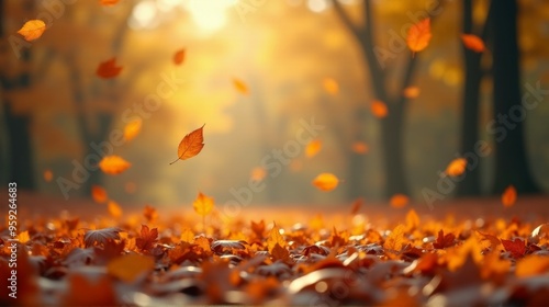 A forest with leaves falling from the trees