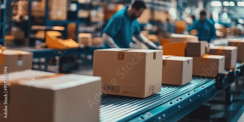 Efficient factory packaging and distribution area with workers meticulously boxing and labeling finished products.Manufacturing process,e-commerce logistics,supply chain digitization,industrial design