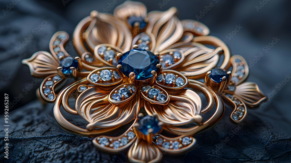 Obraz premium Golden Flower Brooch with Blue Gemstones Realistic Image
