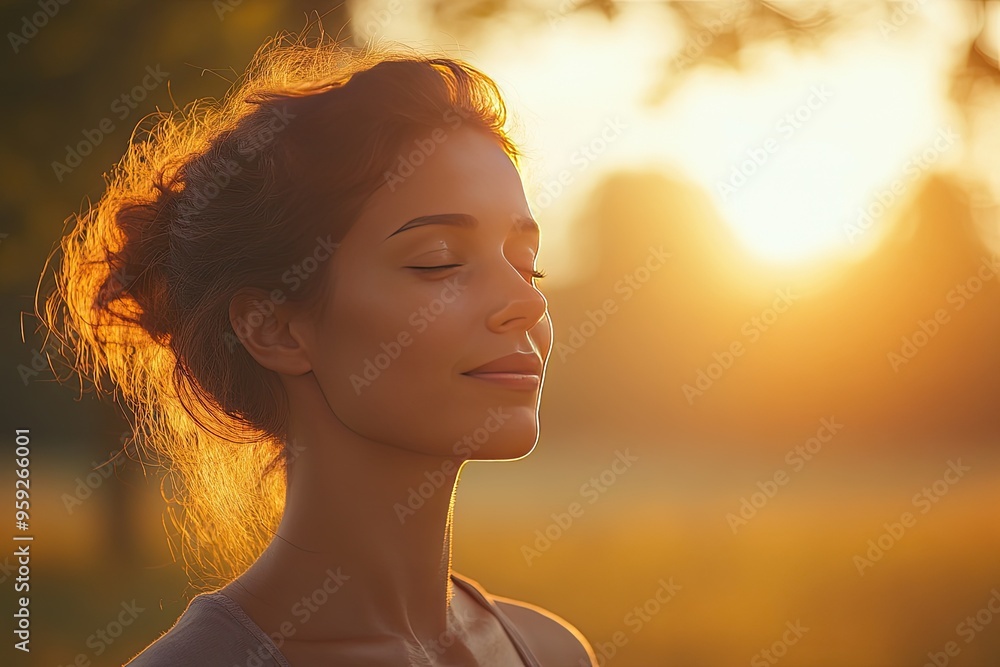 Woman with eyes closed enjoying sunset. Perfect for projects about relaxation, peace, or nature.