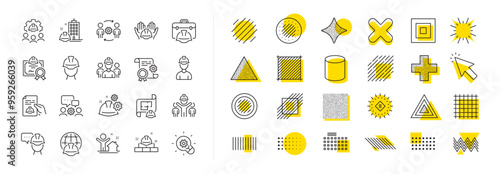 Teamwork, People and Technical documentation. Design shape elements. Engineering line icons. Blueprint with gear, engineer and construction helmet set icons. Vector