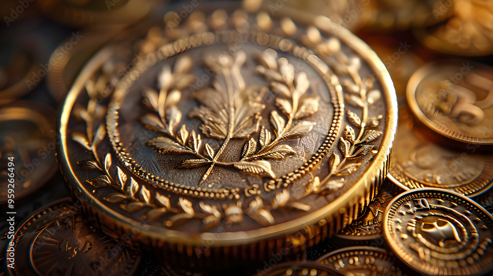 Closeup of Gold Coin with Intricate Design - Realistic 3D Render Closeup of Gold Coin with Intricate Design - Realistic 3D Render