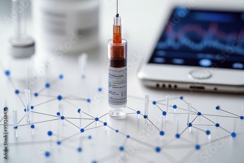 Syringe on modern smartphone with network overlay photo