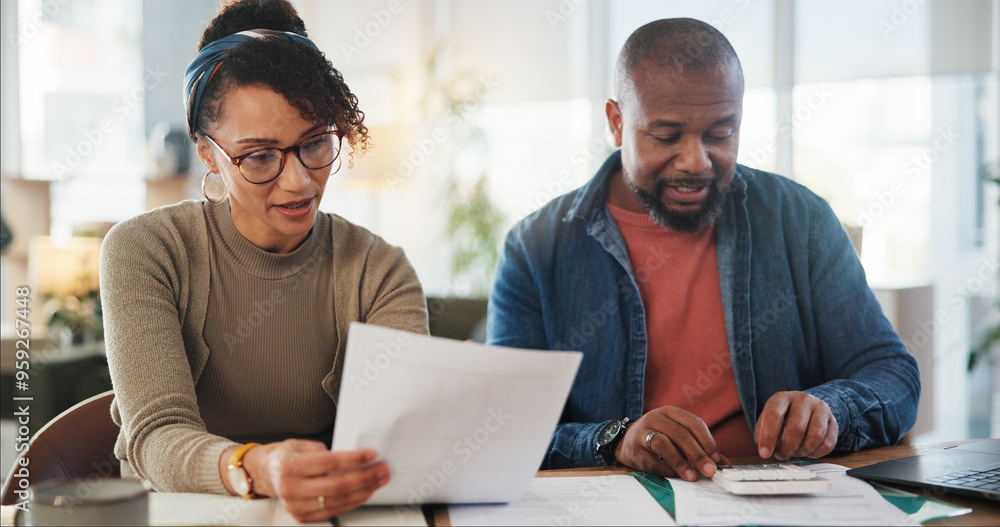 Financial documents, calculator and African couple with planning, paper and household budget in home. Bills, cost or people reading profit report for accounting of investment growth, taxes or salary Financial documents, calculator and African couple with planning, paper and household budget in home. Bills, cost or people reading profit report for accounting of investment growth, taxes or salary
