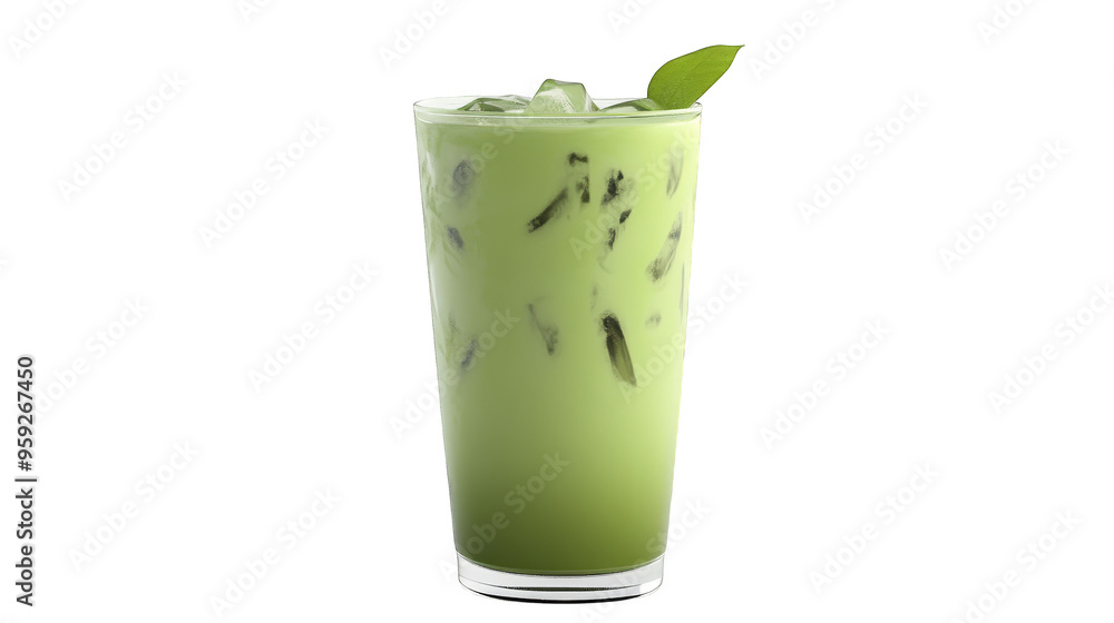 Iced Green Tea Latte with Ice Cubes and Mint Leaf in Tall Glass Iced Green Tea Latte with Ice Cubes and Mint Leaf in Tall Glass