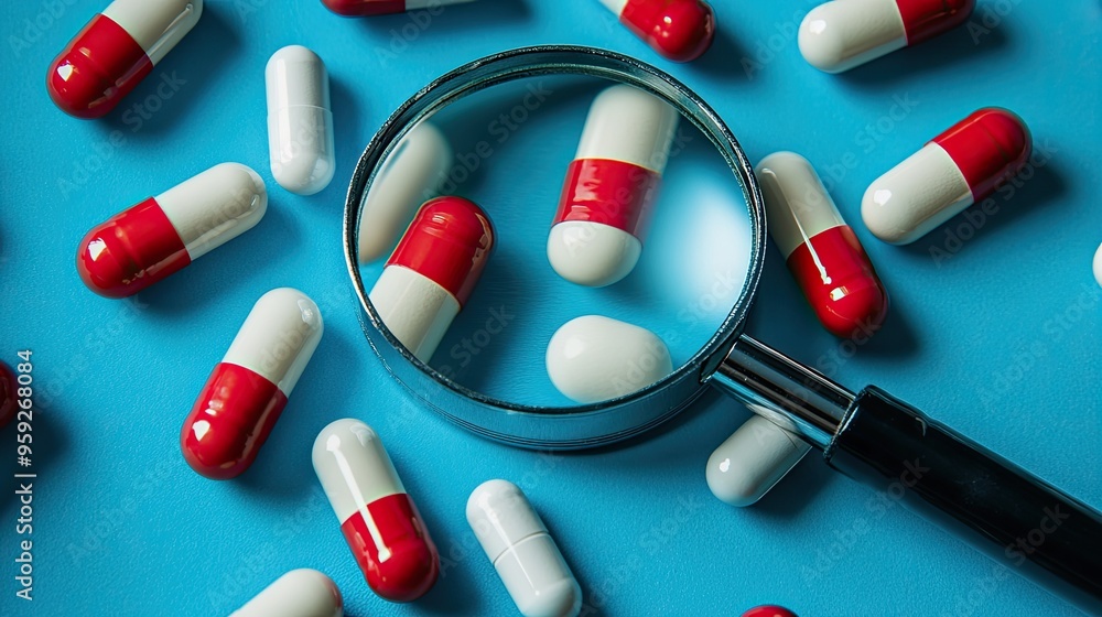 Red and white capsules on blue. A magnifying glass is focused on a red capsule, illustrating the concept of medication and healthcare. Red and white capsules on blue. A magnifying glass is focused on a red capsule, illustrating the concept of medication and healthcare.